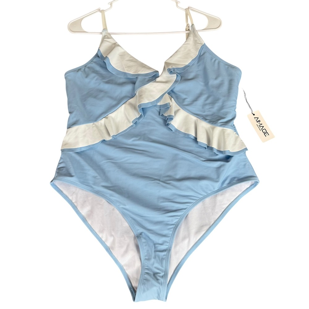 AIMAGE Light‎ Blue Ruffle V-Neck One Piece Swimsuit Plus Size 2XL NWT
